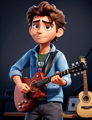 Obraz premium Close-up of a musician holding a guitar, with a thoughtful expression and plenty of copy space on a dark studio background.