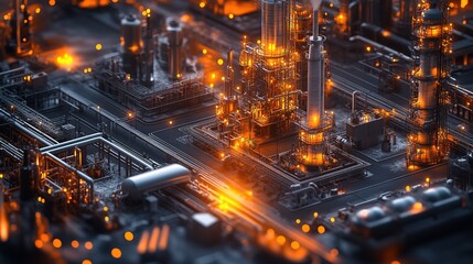 Industrial complex at night with glowing lights and smoke rising from machinery in an urban area