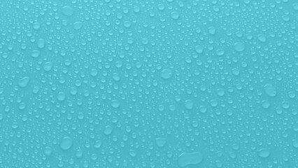Rain drops of water on blue glass surface. Wet background with spray liquid bubbles. Fresh and cool background