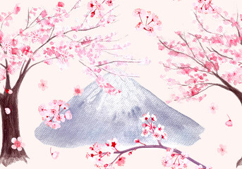 Pink sakura tree, branch, flowers and a mountain seamless pattern on pastel pink. Watercolor hand painted high quality nature design elements great for packaging, oriental design, wallpaper, wrapping © Ekaterina