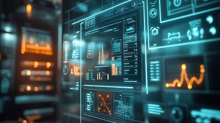 Obraz premium Futuristic data visualization display in a high-tech environment showcasing complex analytics and digital interfaces in a control room