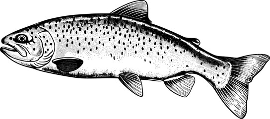 Black and white illustration of a trout, swimming with its mouth open and its tail fin spread wide.