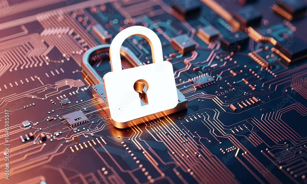 Poster 3d rendering of a white padlock icon on a circuit board background with copy space for concepts rela
