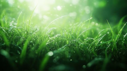 Dew-Covered Blades of Grass in a Sunlit Meadow