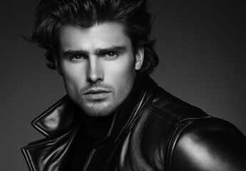 Fototapeta premium closeup portrait of handsome topless male model with beautiful eyes. Black and White.