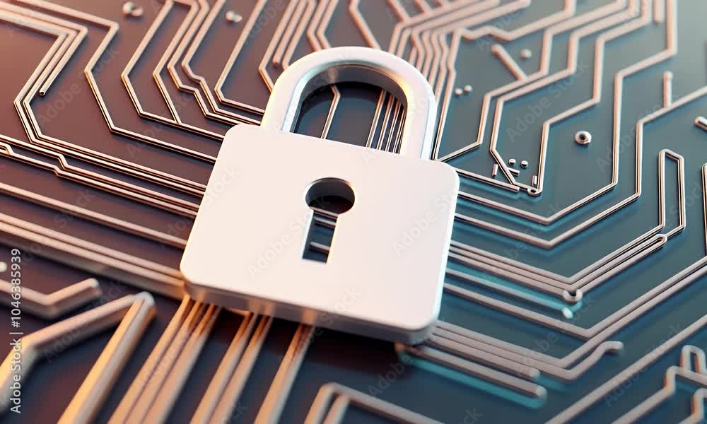 Poster 3D rendering of a white padlock icon on a circuit board background with copy space for concepts related to security technology and data protection.