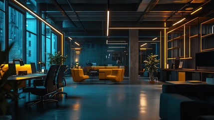 Modern office interior with sleek blue lighting and minimalistic design located in a contemporary workspace at night