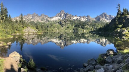 Fototapeta premium A breathtaking view of a mountain range reflected in a still lake, surrounded by evergreen trees and rocky shores.