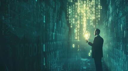 Innovative Tech Concepts: Businessman Holding Light Bulb with Flowing Digital Code for Modern Design
