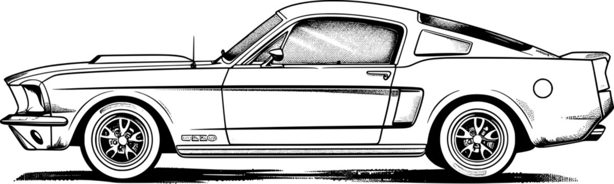 Naklejki Black and white line art illustration of a classic car.