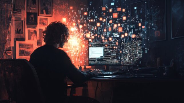 2410 8.An individual sitting at a desk, illuminated by the soft glow of a computer screen, with digital data symbols floating around them. The person focused expression conveys inspiration, as they