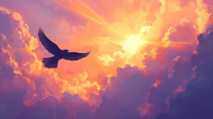 2410 60.A lone bird soaring through a sky filled with radiant sunset clouds, bathed in warm, colorful light. Sun rays streak across the sky, illuminating the clouds in a palette of pink, orange, and