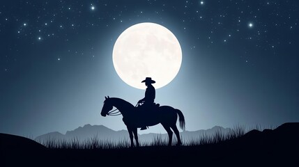 Full moon backdrop, cowboy on horseback silhouette, stars lighting up vast night sky, fantasy hand-drawn style, atmospheric western nature concept