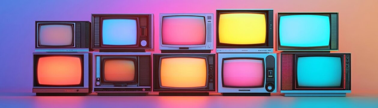 Classic CRT TVs stacked high, glowing screens with neon hues, vintage electronics, pop culture nostalgia, colorful gradient lighting backdrop