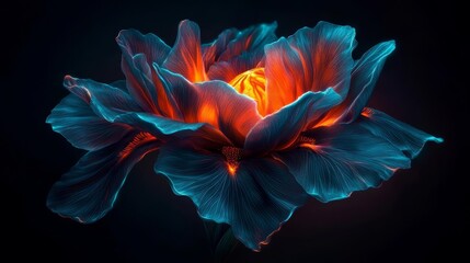 Obraz premium Surreal glowing flower with an iris, electric orange and blue hues, nature-meets-cosmic essence, macro details, vibrant floral digital fantasy art