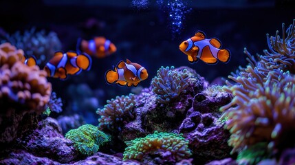 Obraz premium Vibrant Underwater World: Ethereal Abstract Digital Art of Clownfish in Coral Reef with Neon Swirls