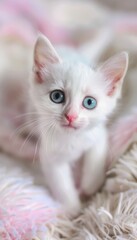 Wide-Eyed White Kitten on Pastel Blanket - Perfect for Pet Adoption Promotions