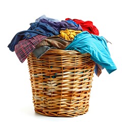 Laundry basket full of clothes on white background