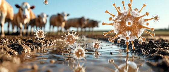 Virus and bacteria near cows in a muddy field, highlighting infection risks.