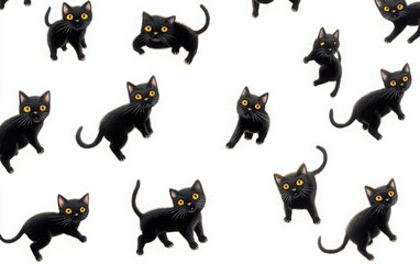 A playful assortment of eerie black cats for Halloween, showcasing their mysterious and spooky charm, with bright yellowish sparkling eyes that add to their allure