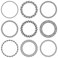 Set of decorative tribal openwork circle frames. Geometric ethnic ornate round border on white background. Mayan style pattern. Vector illustration