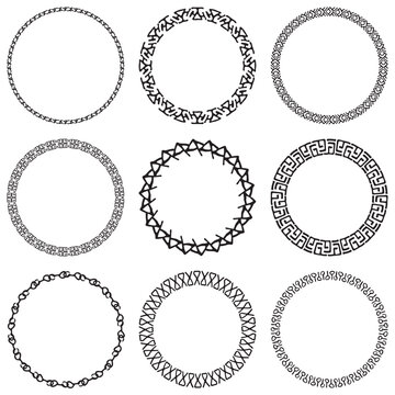 Set of decorative tribal openwork circle frames. Geometric ethnic ornate round border on white background. Mayan style pattern. Vector illustration