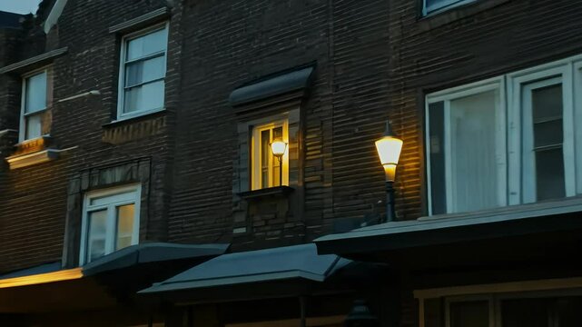 Nighttime exterior shot first floor classic Brooklyn brownstone home windows room light then turn providing establishing view residential living new york city corner condo real estate house