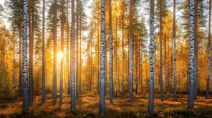 Sunlight Shining Through Pine Forest Glade