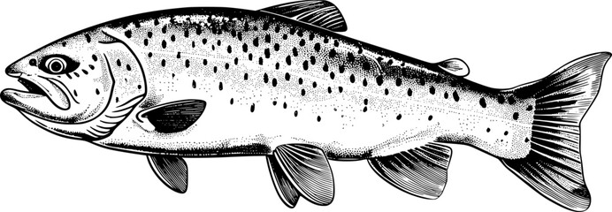 A detailed black and white illustration of a fish swimming.