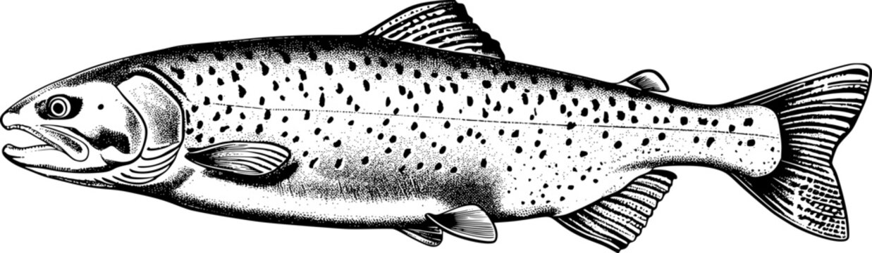 Black and white illustration of a trout fish. (1)