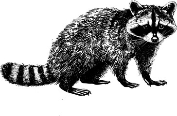 Black and white line art illustration of a raccoon standing with a  striped tail. © shahadatarman 0