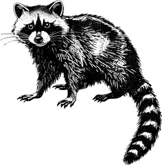 Black and white illustration of a raccoon.