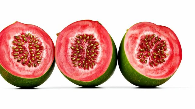 Three halved guavas with pink flesh and brown seeds are arranged in a row on a white surface