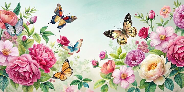 Mesmerizing arrangement of butterflies, hibiscus, roses, and peonies within a charming border aerial view