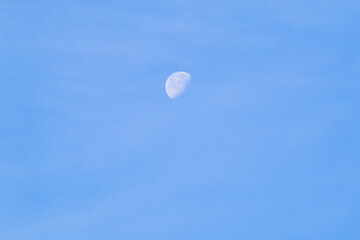 A beautiful crescent moon in daylight against a clear blue sky.