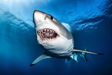 Naklejka premium A white shark open his mouth and showing his sharp teeth on deep blue sea backgroun