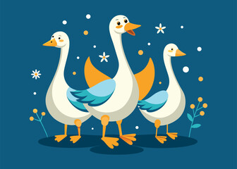 A cheerful illustration of three geese standing together amidst blooming flowers. Perfect for children's books, greeting cards, or farm-themed designs.