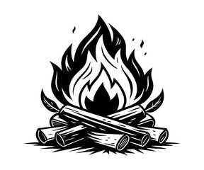 A simple yet striking black and white logo featuring a crackling campfire. Perfect for outdoor-related businesses, camping gear, or nature-inspired designs.