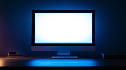 A computer monitor with a white screen is on a wooden desk. The desk is lit with blue light.