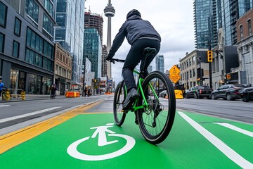 Fototapeta premium A cyclist riding through an urban bike lane during the early morning, with the skyline glowing in the background and commuters rushing to start their day, showcasing the eco-friendly side of