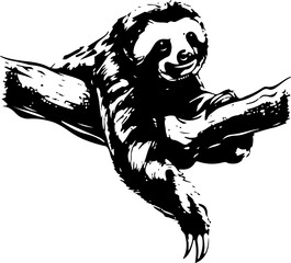 Black and white illustration of a sloth hanging upside down on a branch. © shahadatarman 0