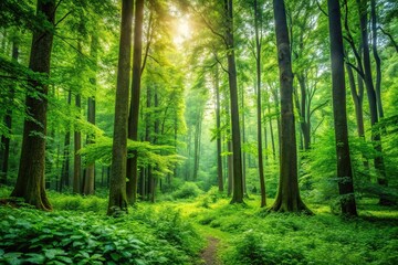 Obraz premium lush green forest landscape with tall trees and vibrant foliage, foliage, forest, landscape, trees