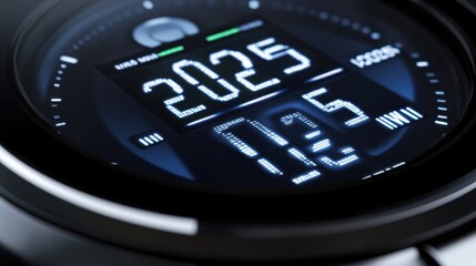 A close-up of a high-tech smartwatch displaying "2025" in bold numbers as the year changes.