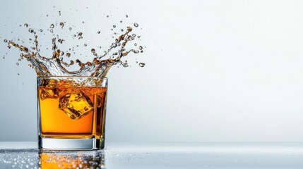 A photostock of a glass of whiskey with a splash on a white background, symbolizing celebration or nightlife.
