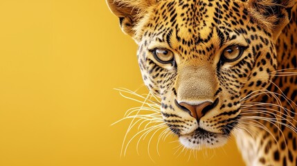 Obraz premium Leopard face with yellow fur tones against a muted yellow background, fine whiskers, deep eyes, minimalistic yet powerful wildlife photography