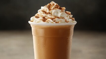 A close-up of a pumpkin spice latte topped with whipped cream and a sprinkle of cinnamon, perfect for fall.