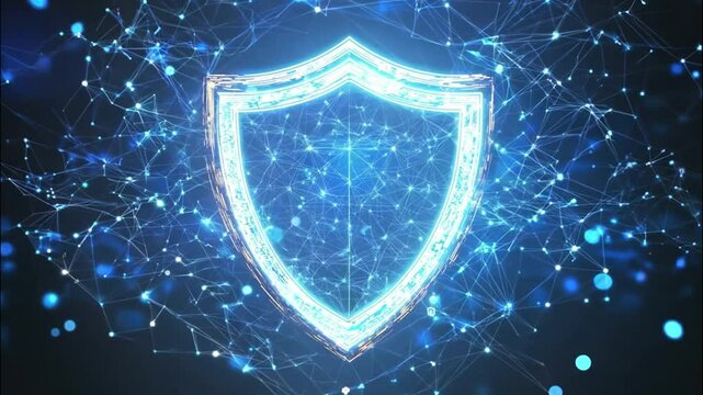 A digital shield formed from glowing blue particles