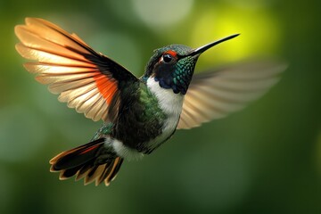 Hummingbird in Flight Against a Green Background, Captured with Fast Shutter Speed

