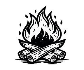 A simple yet striking black and white logo featuring a crackling campfire. Perfect for outdoor-related businesses, camping gear, or nature-inspired designs.