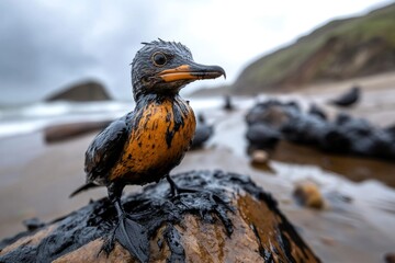 Fototapeta premium A devastated landscape covered in oil from a spill, with birds covered in black sludge struggling to move, and the coastline stained with oil, symbolizing the tragic impact of oil spills on